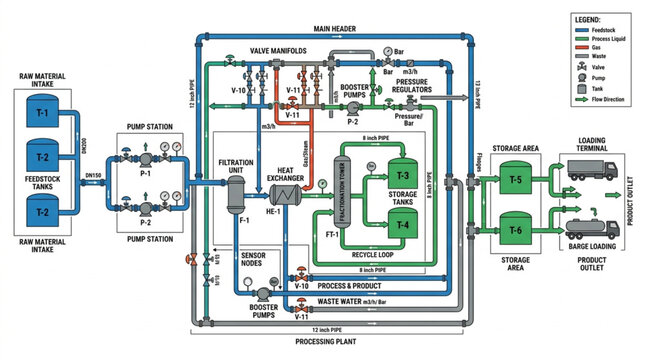 Complex industrial schematic diagram showing fluid flow and process control.