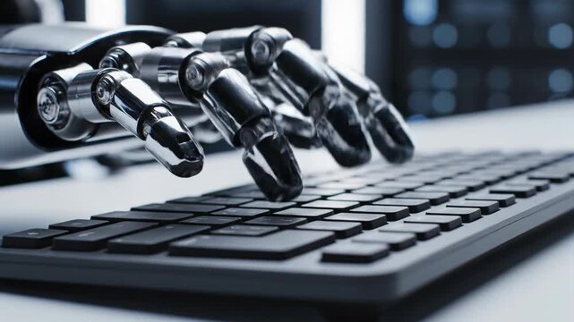 Metallic Robotic Hand Typing on a Modern Computer Keyboard.