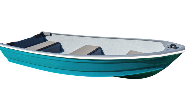 Turquoise and grey small rowing boat with bench seats, isolated on transparent background