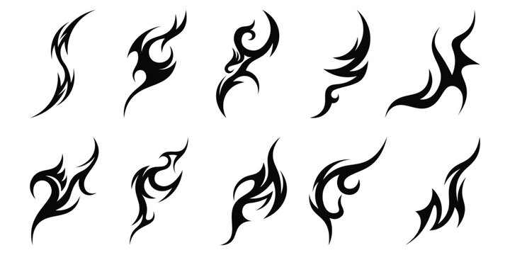 Neo tribal shapes. Y2K sharp elements, Tribal tattoo, abstract symmetrical design, various decorative elements. Vector illustration