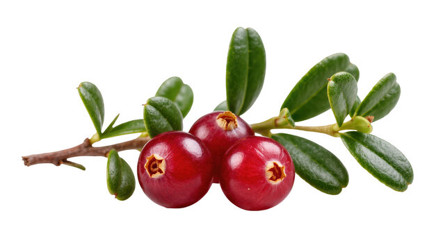 Three ripe red lingonberries with green leaves on a branch, isolated on transparent background