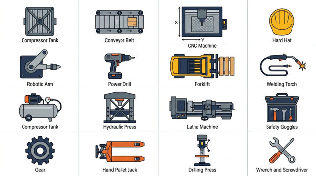 Collection of Industrial Tools and Equipment Icons.