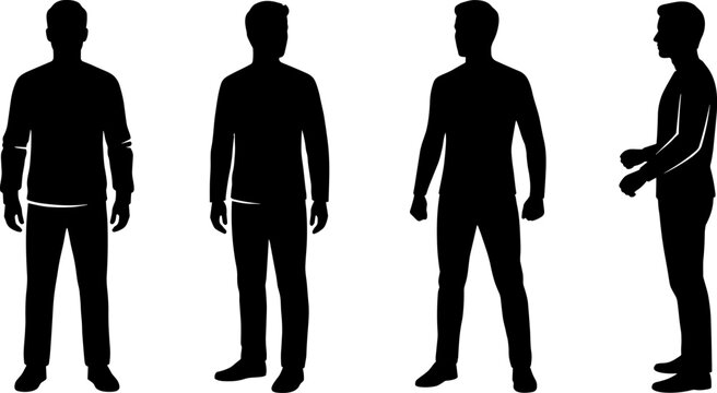 Human silhouettes in standing poses from front and side views isolated on white background representing body posture, lifestyle, and daily activity