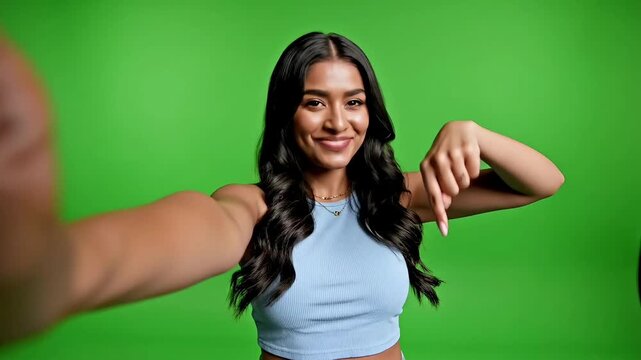 Smiling young Indian woman influencer recording a selfie video pointing down to the description on a green screen chroma key background.