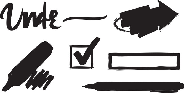 An edgy vector set of hand-drawn black marker doodles featuring a sketchy "Write" text icon, a bold directional arrow, a rectangular text frame box, a checklist box with a tick mark, & highlighter tip