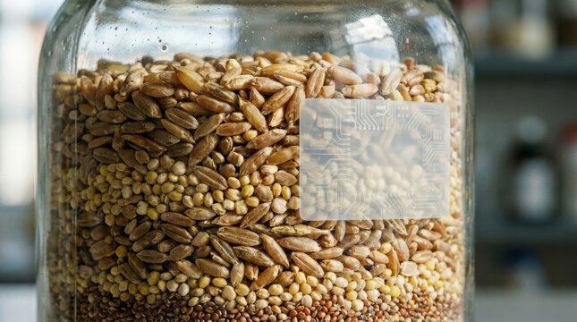 Close-up of a glass jar filled with various grains and seeds raw food dry food