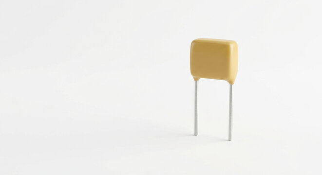 Detailed close-up shot of a small, tan ceramic electronic capacitor with two metal leads, presented on a minimalist white background, essential for modern circuit designs and technology applications