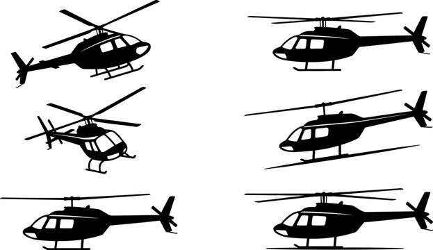 Helicopter silhouette collection featuring different flying angles and positions isolated on white background vector set for aviation and transport design