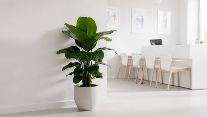 Obraz premium A serene office reception area featuring a potted plant and modern furniture, exuding a sense of calmness and professionalism.