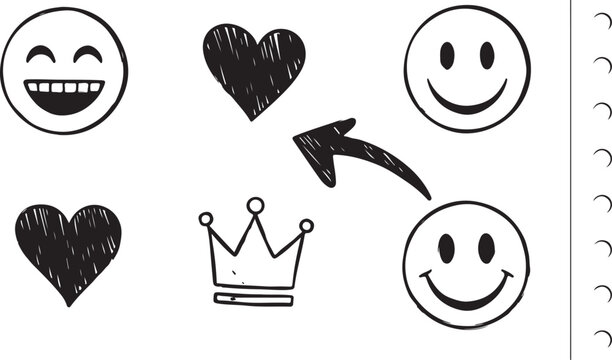 A charming vector set of hand-drawn black doodles including smiling faces, laughing emoticons, textured hearts, a crown, and a sketchy directional arrow on a clean white background.