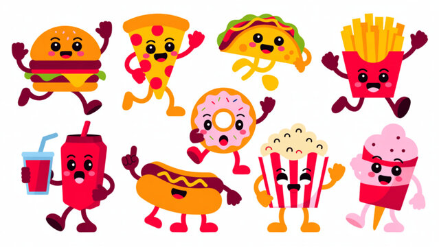 Funny Fast Food Mascot Pack Kawaii Junk Food Characters in Playful Actions