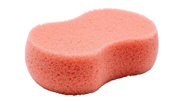 Pink porous synthetic sponge with curved sides, isolated on transparent background