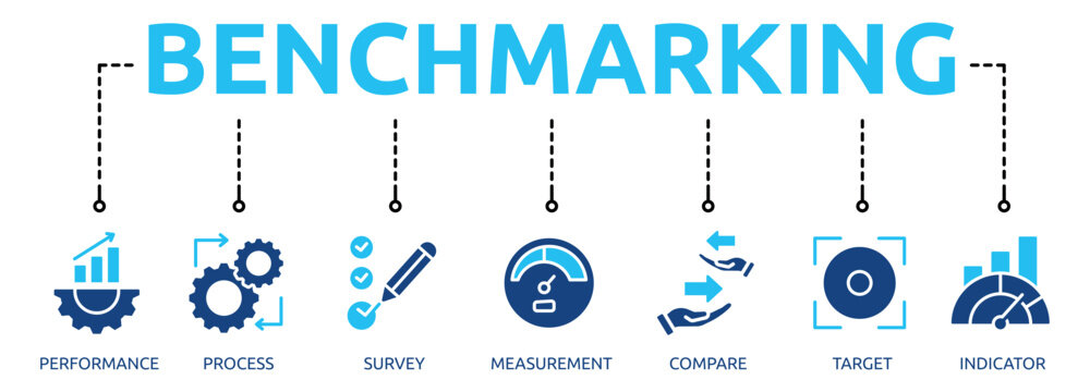 benchmarking glyph banner icon of performance, process, survey, measurement, compare, target, indicator
