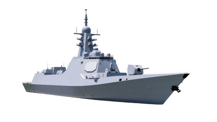 Modern grey warship with radar mast and gun turret, isolated on transparent background © Emilija