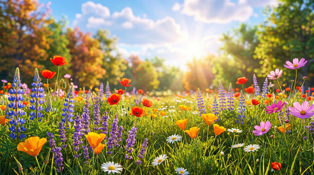 Colorful wildflower meadow with bright sunlight and blooming spring landscape