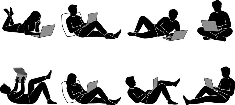 People using laptop silhouette collection featuring relaxed sitting and lying poses for remote work and online learning isolated on white background