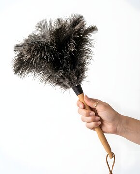 Person holding feather duster cleaning tool against a plain white background
