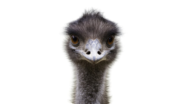 Close-up portrait of an emu head with dark feathers, isolated on transparent background