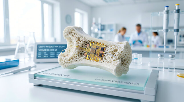 Biocompatible electronic sensor integrated into bone specimen in medical lab