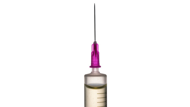 Medical syringe with purple cap and sharp needle, isolated on transparent background