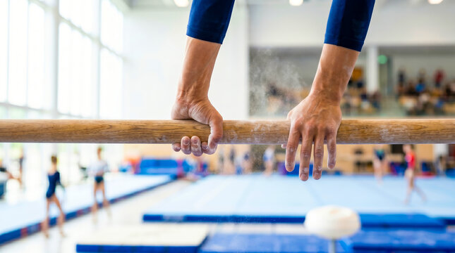 Gymnast hands gripping wooden parallel bar in sports training hall