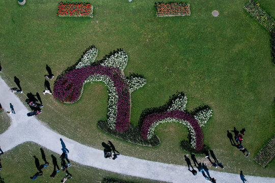 Aerial view of vibrant flower beds shaped like a sea monster in a green park with people walking on gravel paths Morges, Vaud, Switzerland.