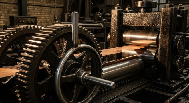 Rolling mill flattening a metal sheet with gear system and industrial rollers featuring factory, manufacturing, industry with production and