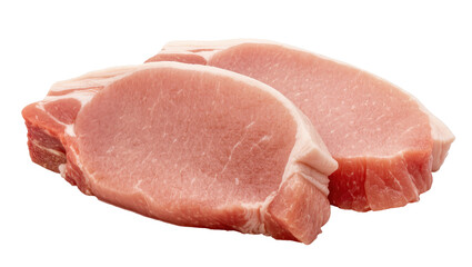Raw pork loin chops with visible fat and bone, isolated on transparent background