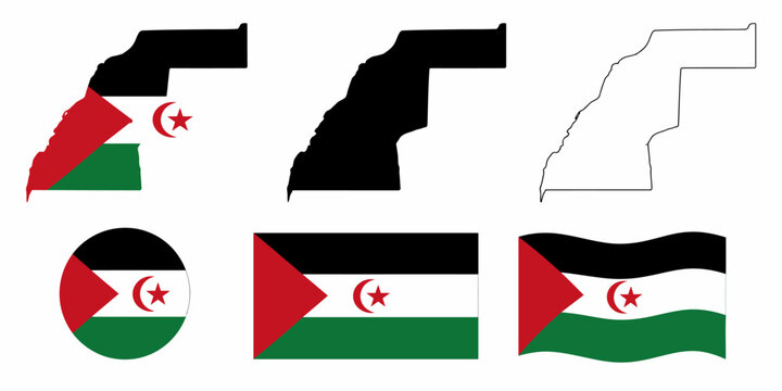 The Sahrawi Arab Democratic Republic flags are waving freely in various orientations and styles against a neutral background with different shapes.