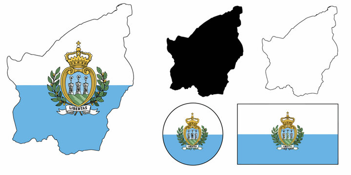 The San Marino flag and map with coat of arms are shown in various formats on a white background.