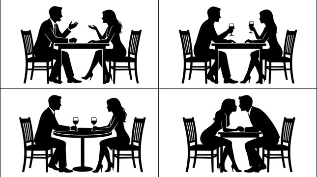 Romantic couple dining silhouette set featuring conversation, wine toast and kissing scenes at table isolated on white background vector illustration