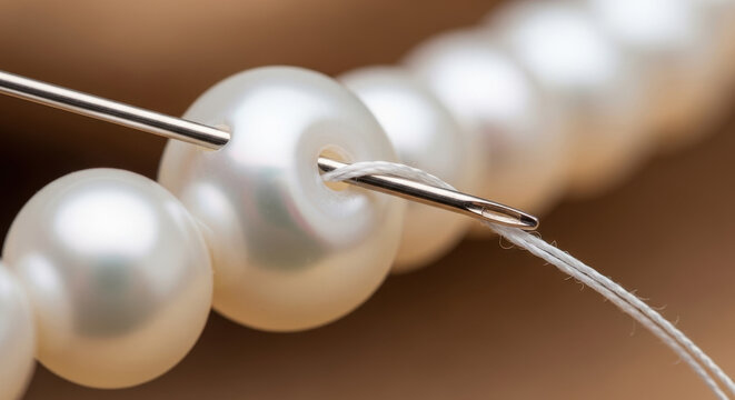Necklace pearl being threaded with silver needle and white thread on brown background featuring pearls, jewelry, beads with threading and stringing