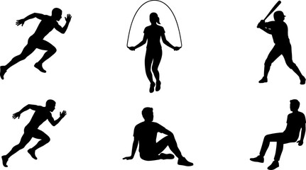Athlete silhouette collection featuring running, skipping rope, baseball hitting and sitting poses isolated on white background vector set for sports design © Jahanara
