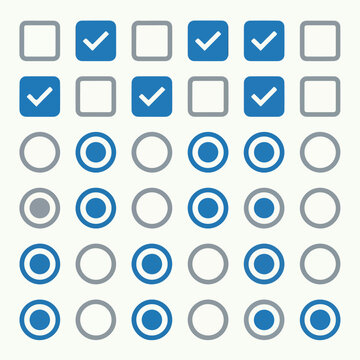 Visual concept of user interface selection elements, showcasing a grid of interactive checkboxes and radio buttons in diverse active and inactive states for digital form design