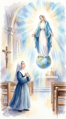 Fototapeta premium Watercolor illustration of a praying nun and the Virgin Mary in a church, serene spiritual atmosphere, faith, hope, devotion, religious scene, heavenly light.