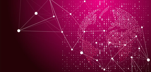 A complex digital network with interconnected nodes and lines over a binary code background showing 0, 1. A world map made of dots represents global data and technology. © JustPrint