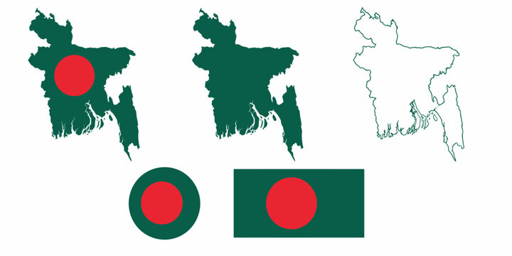 The map and flag of Bangladesh on various backgrounds with red circles