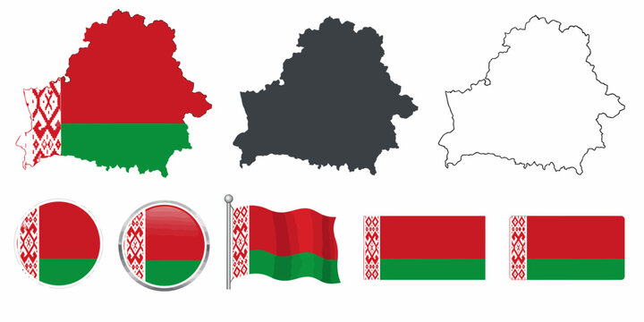 The Belarus map and flag set includes various illustrations of the country's outline and national symbol in different styles and formats.