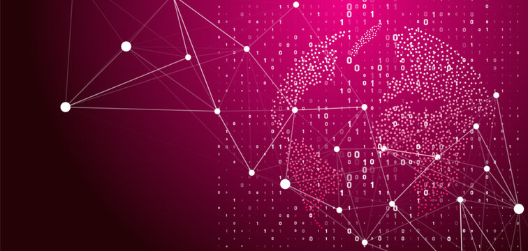 A complex digital network with interconnected nodes and lines over a binary code background showing 0, 1. A world map made of dots represents global data and technology.