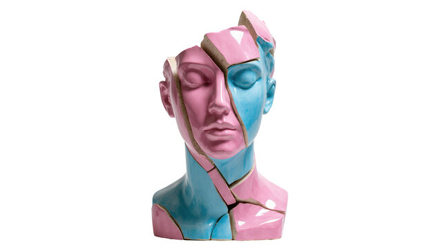 Fragmented ceramic bust of a person with pink and blue halves, isolated on transparent background