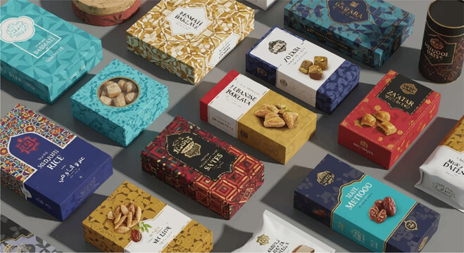Assortment of colorful boxed dates and traditional middle eastern confectionery gifts with confectionery packaging festival assortment tradition