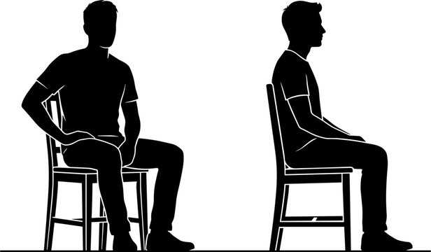 Human silhouettes sitting on chair in side and front poses isolated on white background representing posture, body language, and lifestyle