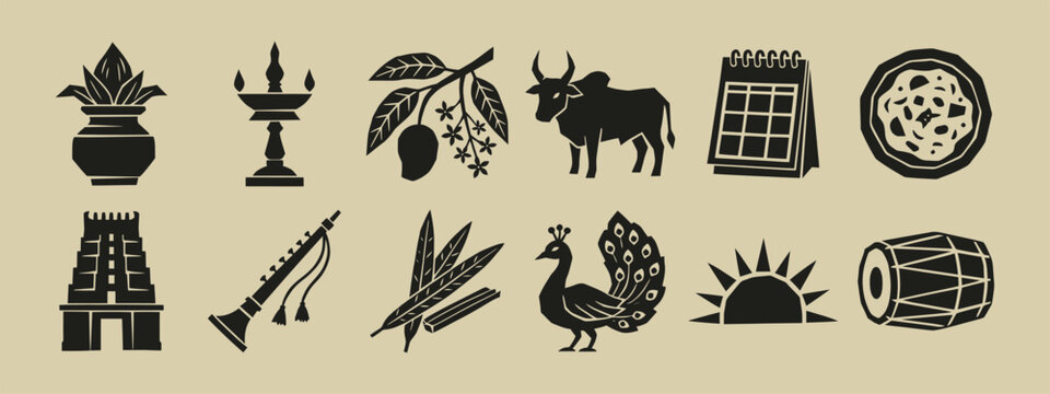 Collection of Tamil traditional symbols including temple gopuram peacock bull and sugarcane vector icons