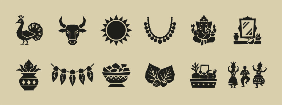 Indian culture and festival icon set with Ganesha peacock bull and harvest symbols