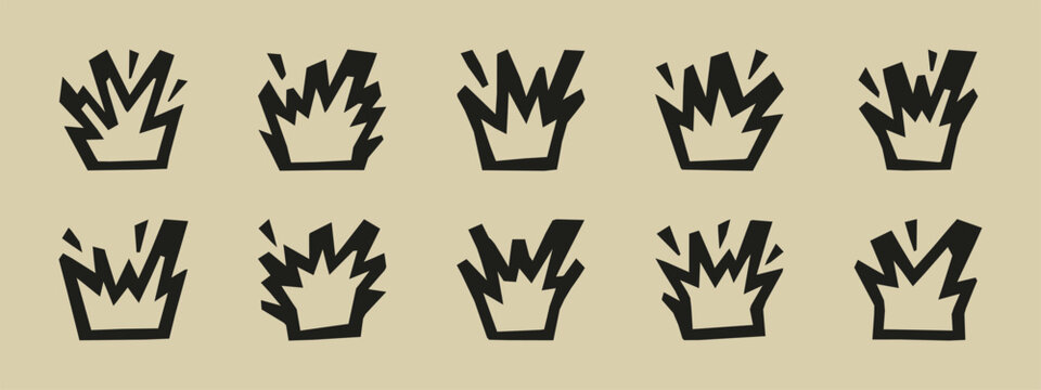 Set of hand drawn comic explosion impact blast icons and boom effects for graphic design