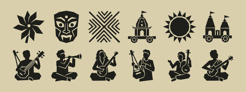 Set of Indian folk culture silhouette icons featuring traditional musicians masks and festive symbols