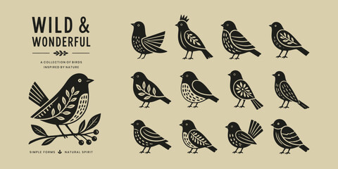 Collection of hand drawn bird illustrations in folk art linocut style on beige background © thetwelvesense