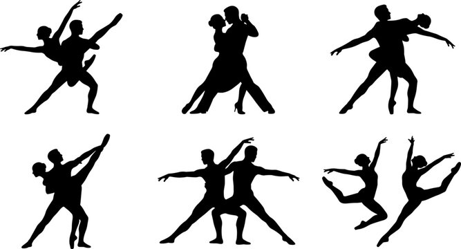 Dance couple silhouette collection featuring ballet and contemporary partner poses isolated on white background vector set for performance and art design