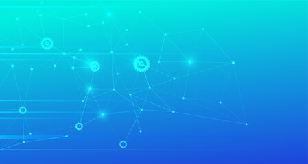 Obraz premium Vibrant bluegreen gradient background with an abstract digital network, featuring glowing interconnected nodes, lines, and gear icons, symbolizing technology, data, and innovation.