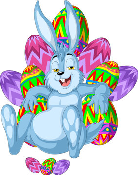 Cute Kawaii Easter Bunny Sitting on Colorful Painted Eggs, Funny Spring Hare Character Holiday Celebration Greeting Card Vector Illustration